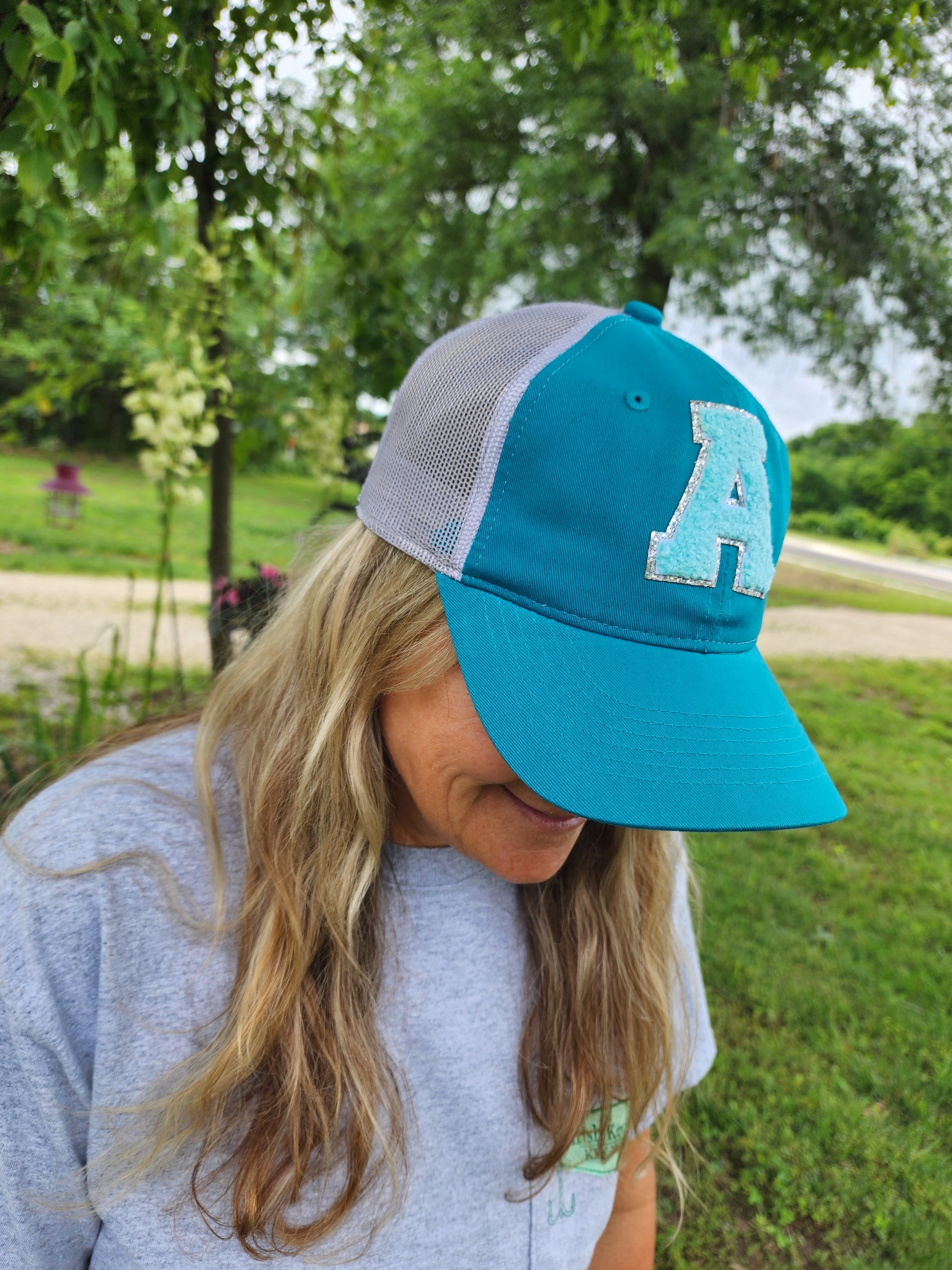 Teal Chenille "A" mesh back hat