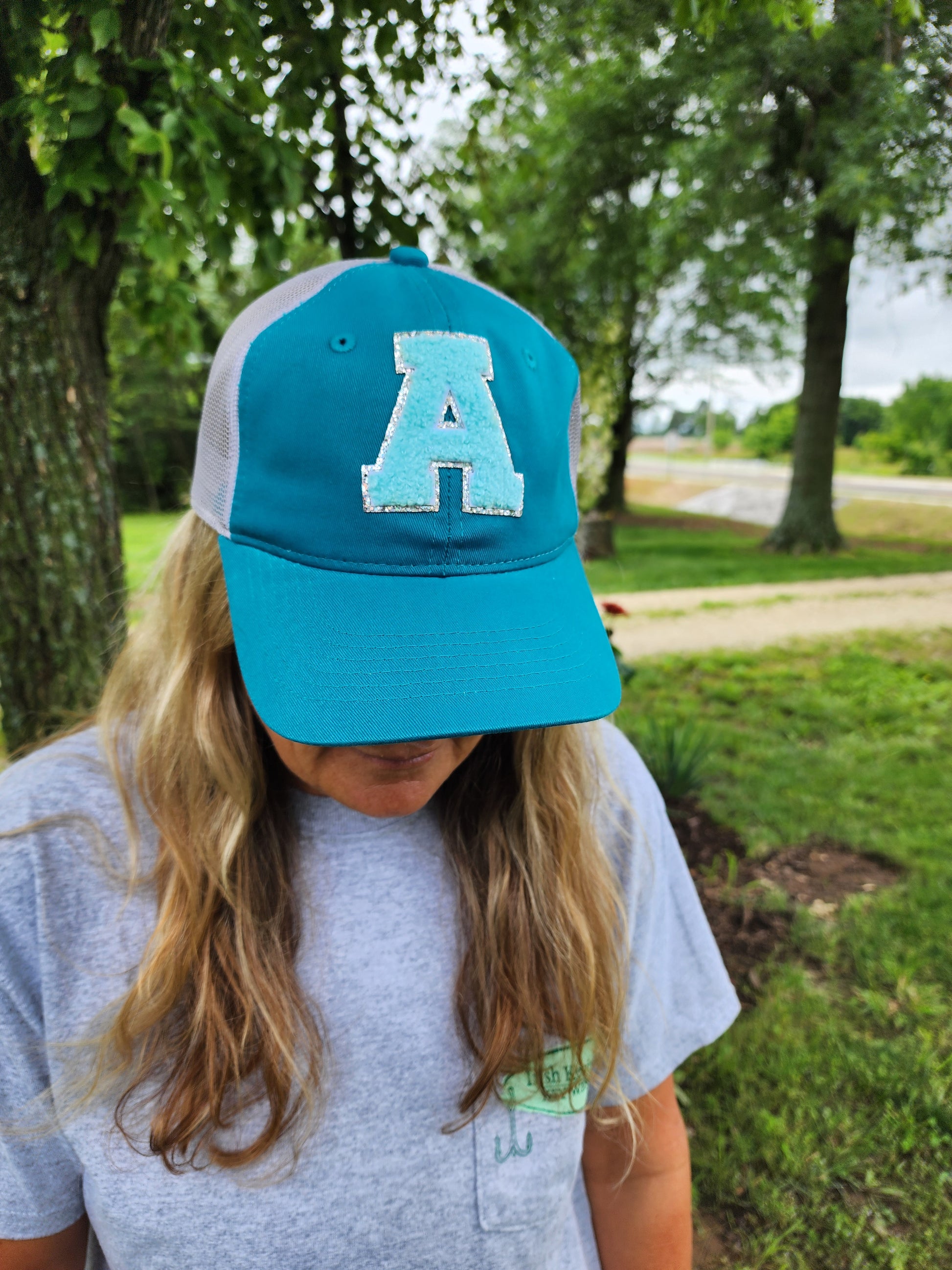 Teal Chenille "A" mesh back hat