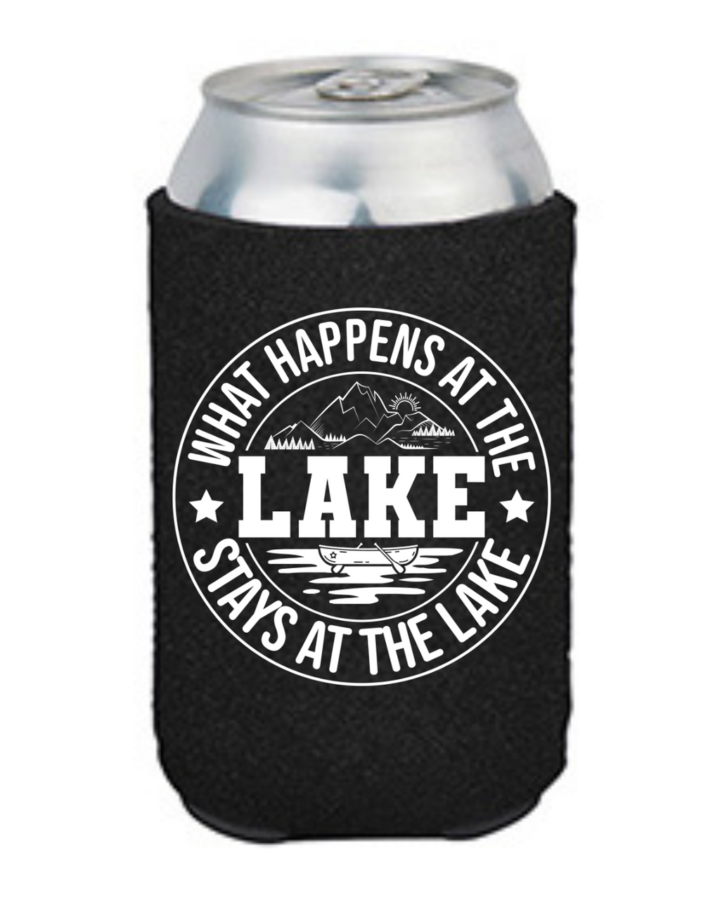 "What Happens at the Lake" Neoprene Can Koozie