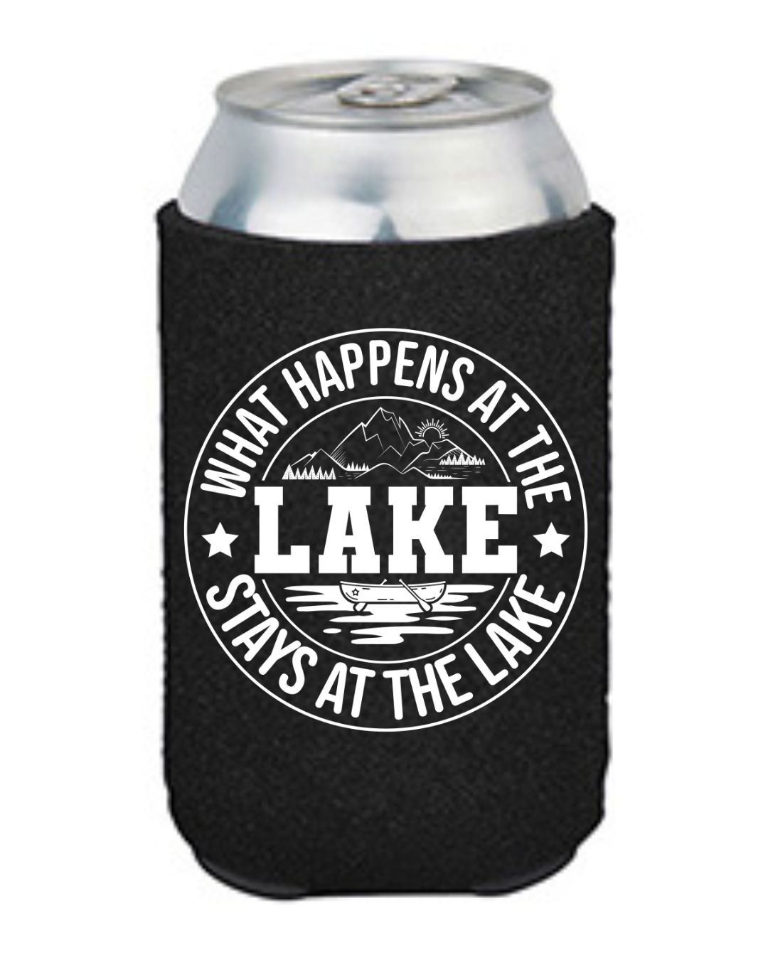 "What Happens at the Lake" Neoprene Can Koozie
